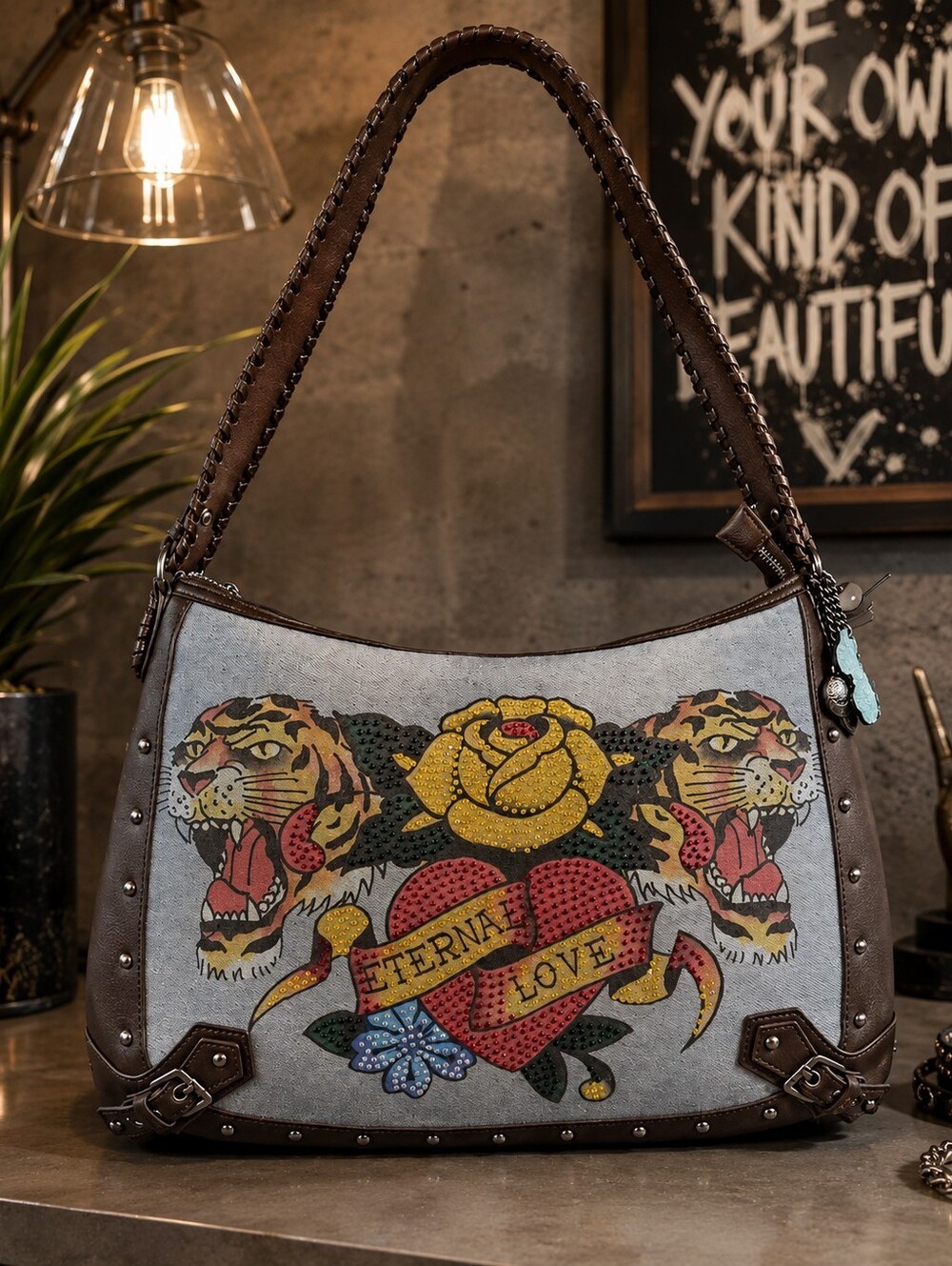 Ed Hardy Denim “Eternal Love” Tiger Hobo Shoulder Bag NWT  18x12 Rhinestones